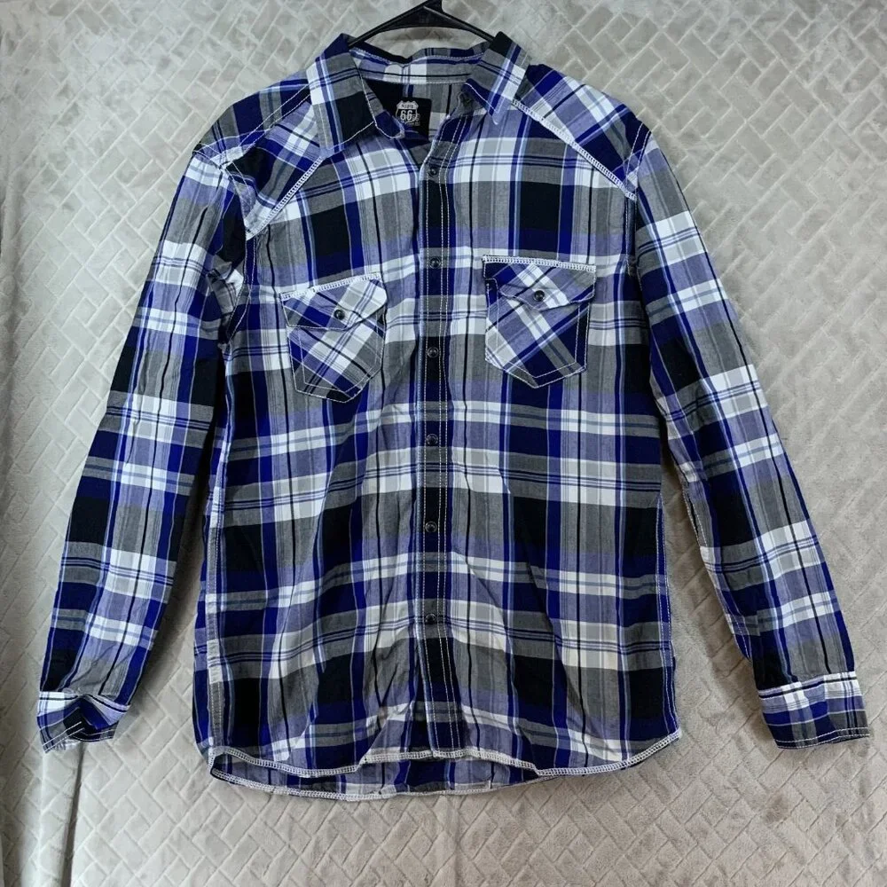 Route 66 Mens Medium Button Up Shirt Blue Plaid Pearl Snap Long Sleeve Western - Picture 1 of 15